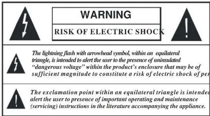 WARNING RISK OF ELECTRIC SHOCK The lightning flash with arrowhead symbol, within an equilateral triangle, is intended to alert the user to the presence of uninsulated "dangerous voltage" within the product's enclosure that may be of sufficient magnitude to constitute a risk of electric shock of per The exclamation point within an equilateral triangle is intended alert the user to presence of important operating and maintenance (servicing) instructions in the literature accompanying the appliance.