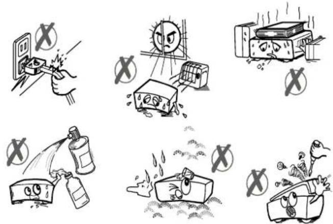 Illustration showing six different behaviors of a firecracker with warning symbols and corresponding icons.