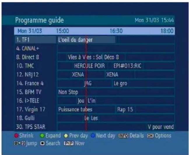 Programme guide Mon 31/03 15:44 Mon 31/03 15:00 16:30 18:00 1. TF1 L'oeil du danger 4. CANAL+ 8. Direct 8 Vies à Ves : Sol Déco 8 10. TMC HERCULE POIR EPI#013:RIC 12. NRJ12 XENA XENA 14. France 4 JAG Le gro 15. BFM TV Non Stop 16. i>TELE Jou L'in 17. Virgin 17 Puissance tubes Rap 15 18. Gulli le Les 30. TPS STAR V pour vend ● Shrink ● Expand ● Prev day ● Next day INFO Details OK Options ○→○ Jump □ Search ⬆P Now