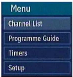 Menu Channel List Programme Guide Timers Setup