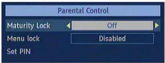 Parental Control Maturity Lock Off Menu lock Disabled Set PIN