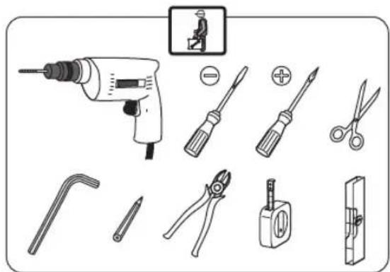 Illustration of various electrical tools including a drill, screwdriver, pliers, and switch components with Chinese labels.