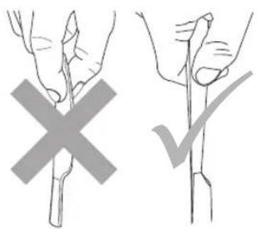 Diagram showing two hand positions: one with a cross mark and another with a checkmark, illustrating a correct or incorrect technique.