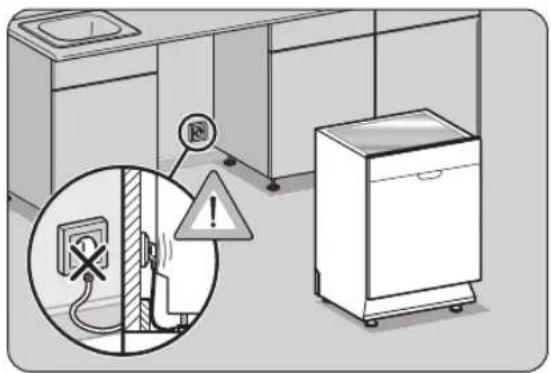 Diagram showing a kitchen appliance with an electrical outlet, warning symbol, and a refrigerator unit, accompanied by a warning sign.