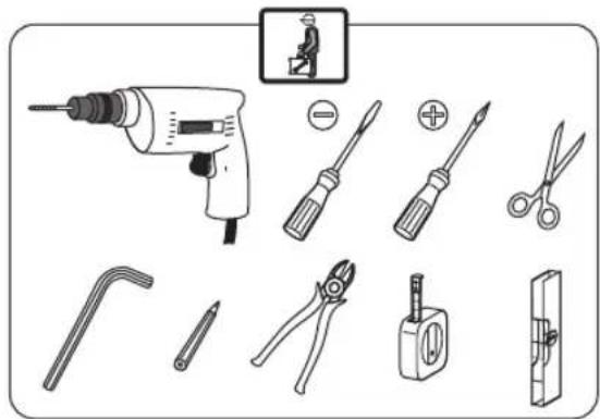 Diagram showing various types of electrical tools including a drill, screwdriver, pliers, and switch components with Chinese labels.
