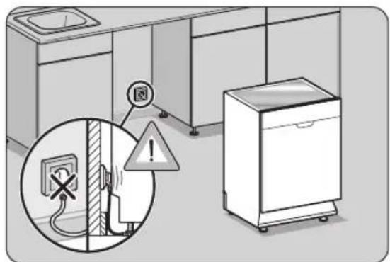 Diagram showing a kitchen appliance with an electrical outlet, warning sign, and a refrigerator unit, accompanied by a warning symbol.