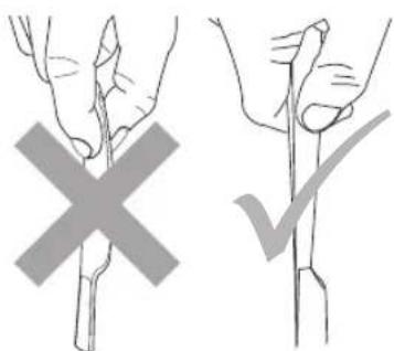 Diagram showing two hand positions with a cross and checkmark, indicating incorrect or incorrect methods for handling a plant stem.