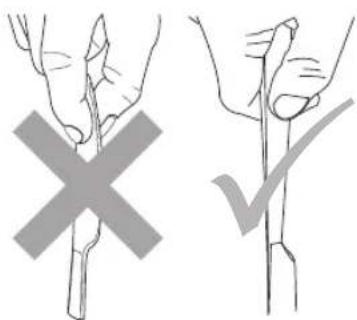 Diagram showing two hand positions with a cross and checkmark, likely illustrating a manual or mechanical procedure.