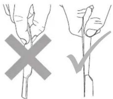 Diagram showing two hand positions: one with a cross symbol, the other with a checkmark.