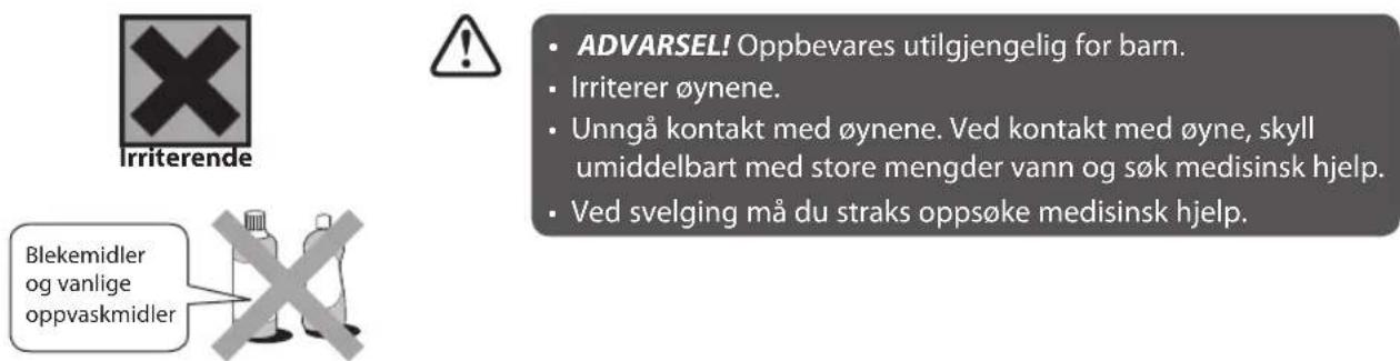 Irriterende • ADVARSEL! Oppbevares utilgjengelig for barn. • Irriterer øynene. • Unngå kontakt med øynene. Ved kontakt med øyne, skyll umiddelbart med store mengder vann og søk medisinsk hjelp. • Ved svelging må du straks oppsøke medisinsk hjelp. Blekemidler og vanlige oppvaskmidler