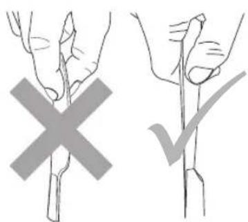 Diagram showing two hand positions with a cross and checkmark, likely illustrating a manual or mechanical procedure.