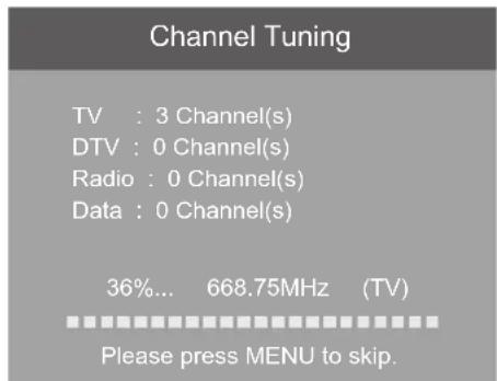 Channel Tuning TV : 3 Channel(s) DTV : 0 Channel(s) Radio : 0 Channel(s) Data : 0 Channel(s) 36%... 668.75MHz (TV) Please press MENU to skip.