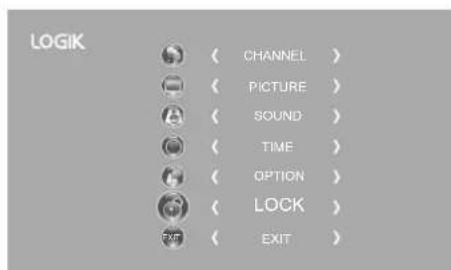 LOGIK ( CHANNEL ) ( PICTURE ) ( SOUND ) ( TIME ) ( OPTION ) ( LOCK ) ( EXIT )
