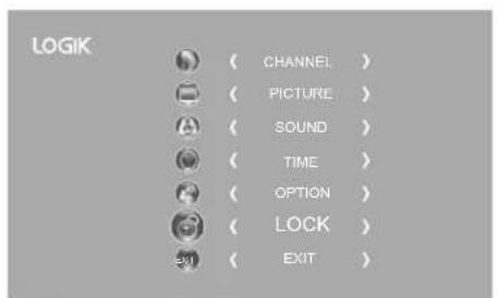 LOGIK ( CHANNEL ) ( PICTURE ) ( SOUND ) ( TIME ) ( OPTION ) ( LOCK ) ( EXIT )