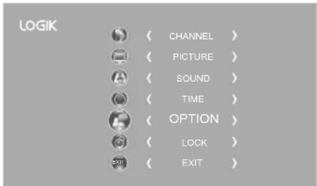 LOGIK CHANNEL > PICTURE > SOUND > TIME > OPTION > LOCK > EXIT >