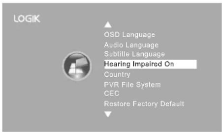 LOGIK OSD Language Audio Language Subtitle Language Hearing Impaired On Country PVR File System CEC Restore Factory Default