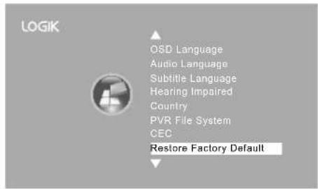 LOGIK OSD Language Audio Language Subtitle Language Hearing Impaired Country PVR File System CEC Restore Factory Default