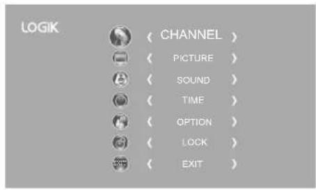LOGIK CHANNEL > PICTURE > SOUND > TIME > OPTION > LOCK > EXIT >