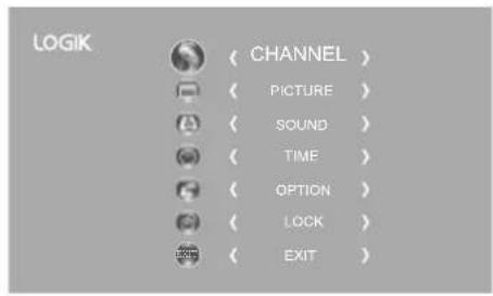 LOGIK CHANNEL > PICTURE > SOUND > TIME > OPTION > LOCK > EXIT >