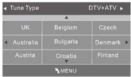Tune Type DTV+ATV UK Belgium Czech Australia Bulgaria Denmark Austria Croatia Finland MENU