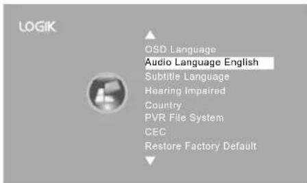LOGIK OSD Language Audio Language English Subtitle Language Hearing Impaired Country PVR File System CEC Restore Factory Default