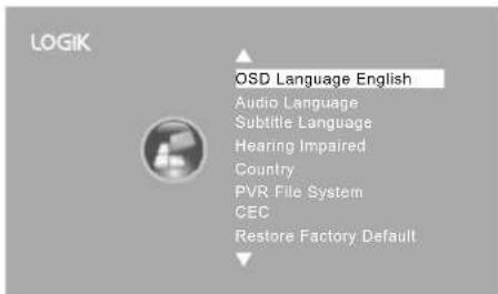 LOGIK OSD Language English Audio Language Subtitle Language Hearing Impaired Country PVR File System CEC Restore Factory Default