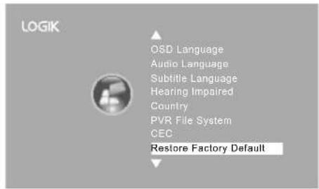 LOGIK OSD Language Audio Language Subtitle Language Hearing Impaired Country PVR File System CEC Restore Factory Default