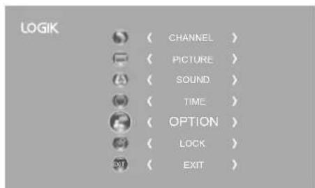 LOGIK CHANNEL > PICTURE > SOUND > TIME > OPTION > LOCK > EXIT >