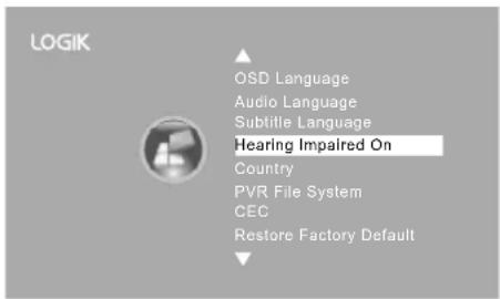 LOGIK OSD Language Audio Language Subtitle Language Hearing Impaired On Country PVR File System CEC Restore Factory Default