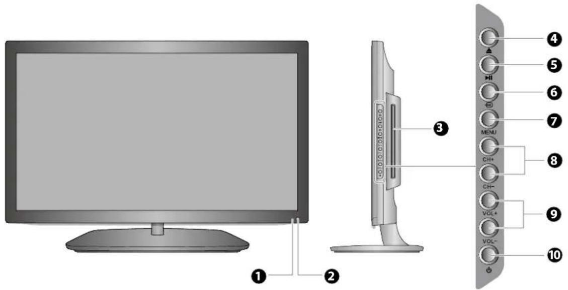 Diagram of a monitor and adjacent screen with labeled control buttons and ports