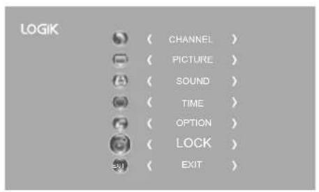 LOGIK ( CHANNEL ) ( PICTURE ) ( SOUND ) ( TIME ) ( OPTION ) ( LOCK ) ( EXIT )