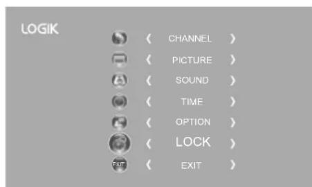 LOGIK ( CHANNEL ) ( PICTURE ) ( SOUND ) ( TIME ) ( OPTION ) ( LOCK ) ( EXIT )