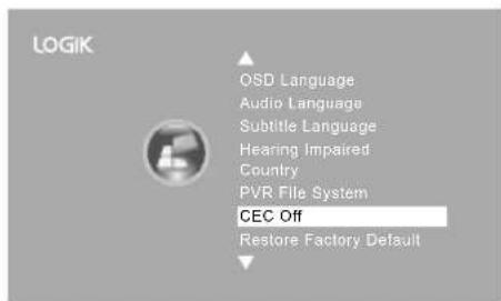 LOGIK OSD Language Audio Language Subtitle Language Hearing Impaired Country PVR File System CEC Off Restore Factory Default