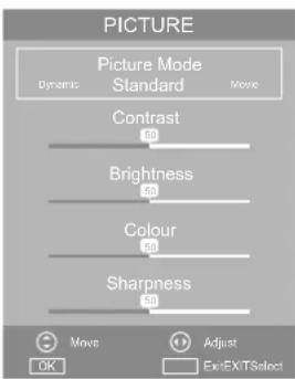 PICTURE Picture Mode Standard Dynamic Move Contrast 50 Brightness 50 Colour 50 Sharpness 50 Move Adjust OK ExT/TSalct