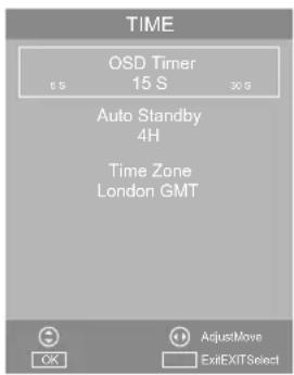 TIME OSD Timer 15 S 30 G Auto Standby 4H Time Zone London GMT AdjustMove ExitEXITSelect