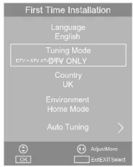 First Time Installation Language English Tuning Mode DTV + ATV AT/D TV ONLY Country UK Environment Home Mode Auto Tuning AdjustMove ExitEXIT Select
