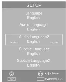 SETUP Language English Audio Language English Audio Language2 English Deutsch Español Subtitle Language English Subtitle Language2 English AdjustMove ExitEXITSelect