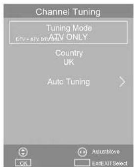 Channel Tuning Tuning Mode CCTV + ATV ONLY Country UK Auto Tuning > AquestMove OK ExitEXITSelect