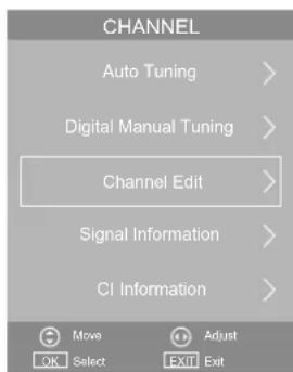 CHANNEL Auto Tuning > Digital Manual Tuning > Channel Edit > Signal Information > CI Information >