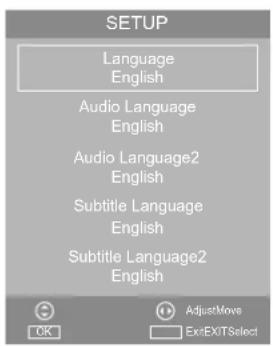 SETUP Language English Audio Language English Audio Language2 English Subtitle Language English Subtitle Language2 English AdjustMove OK ExitEXITSelect