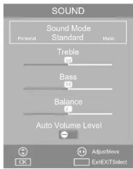SOUND Sound Mode Standard Personal Music Treble 40 Bass 40 Balance 0 Auto Volume Level AdjustMove OK ExitEXTSelect