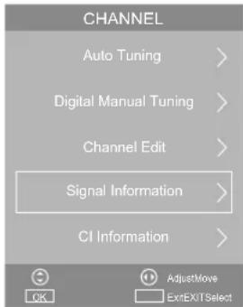 CHANNEL Auto Tuning > Digital Manual Tuning > Channel Edit > Signal Information > CI Information >
