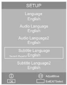 SETUP Language English Audio Language English Audio Language2 English Subtitle Language Desert English English Subtitle Language2 English AdjustMove ExitEXITSelect