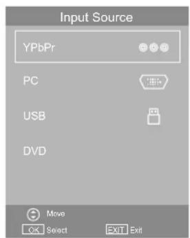 Input Source YPbPr PC USB DVD Move OK Select Exit Exit