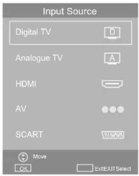 Input Source Digital TV Analogue TV HDMI AV SCART Move OK ExitEXITSelect