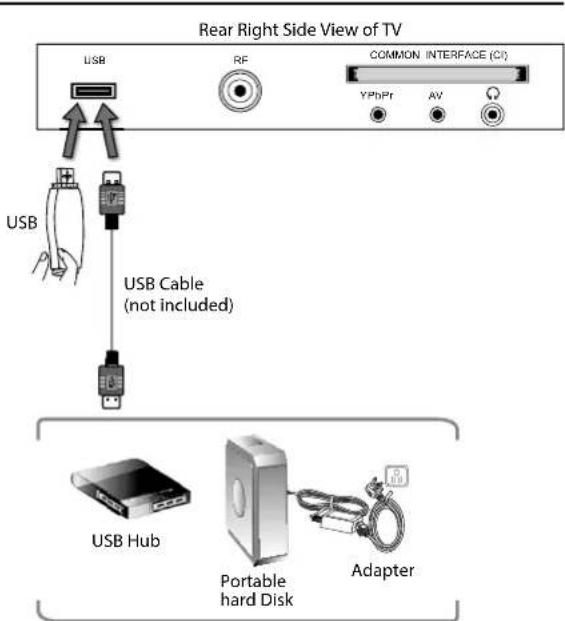 Rear Right Side View of TV USB RF COMMON INTERFACE (CI) YPbPr AV USB USB Cable (not included) USB Hub Portable hard Disk Adapter