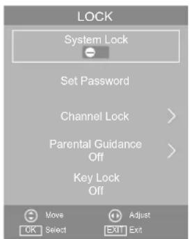 LOCK System Lock Set Password Channel Lock > Parental Guidance Off > Key Lock Off Move OK Select Adjust EXIT Ext