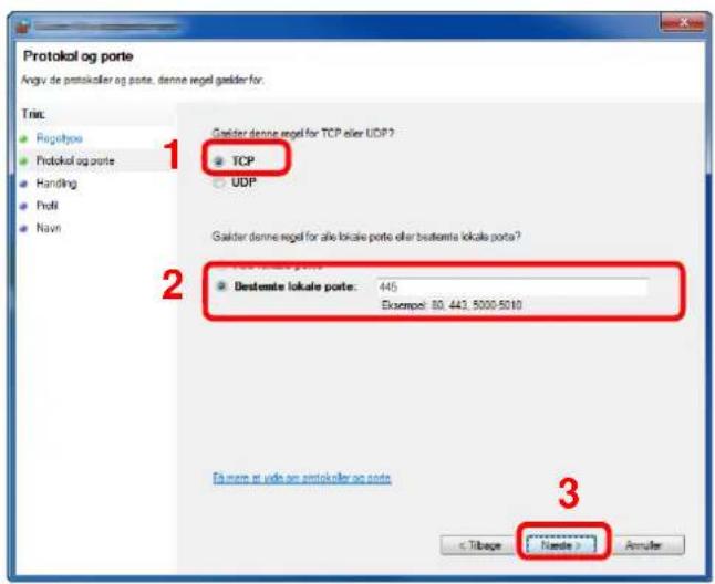 Protokol og porte Angiv de protokoller og porte, denne regel gælder for: Tris: Regeltype Protokol og porte Handling Profil Navn Gælder denne regel for TCP eller UDP? TCP UDP Gælder denne regel for alle lokale porte eller bestemte lokale porte? Bestemte lokale porte: 445 Eksempel: 80, 443, 5000-5010 Eå more at yide og protokoller og porte < Tibajo > Næde > Annuler