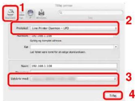 Protocol: Line Printer Daemon - LPD Anisikov: 192.168.1.100 Gyldig og komplet adresse. Kg: Lat felet vare tomt for at valge standardken. Name: 192.168.1.108 Udskriv med: