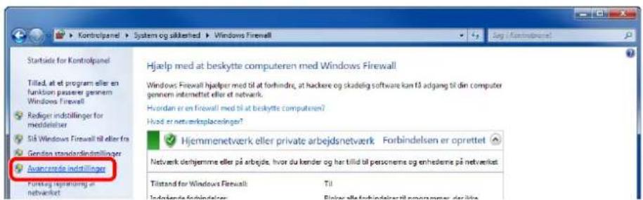Kontrolpanel System og sikkerhed Windows Firewall Startside for Kontrolpanel Tilled, at et program eller en funktion passener genem Windows Firewall Redger indstillinger for meddeleiser Så Windows Firewall til eller fra Gendas standardin indillinger Avonprønde indstillinger Forslag hjemning at netveket Hjælp med at beskytte computeren med Windows Firewall Windows Firewall hjælper med til at forhindre, at hackere og skadelig software kan få adgang til din computer gennem inmettitet eller et netvark. Hovdan er en firewall med til at beskytte computeren? Hvad er netverksplacesinger? Hjemmenetverk eller private arbejdsnetværk Forbindelsen er oprettet Netværk derhjemme eller på arbejde, hvor du kender og har tillid til personerne og enhederne på netveket Tilstand for Windows Firewall Til Indokende forbindelsen Blinar alle forbindelser til personner, der ikke